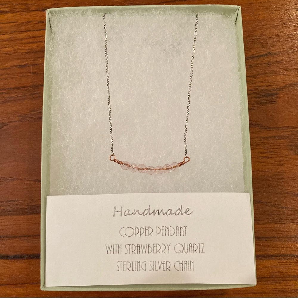 Handmade Necklace. 16” Strawberry Quartz with copper on Sterling Silver Chain